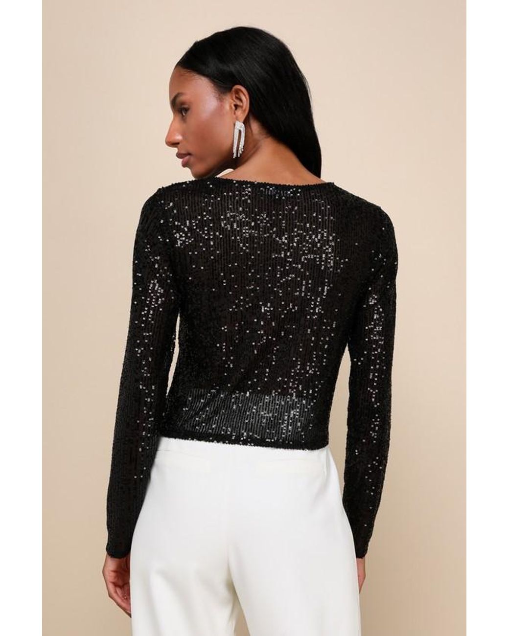 Lulus Shining Excellence Mesh Sequin Long Sleeve Crop Top in Black Lyst UK