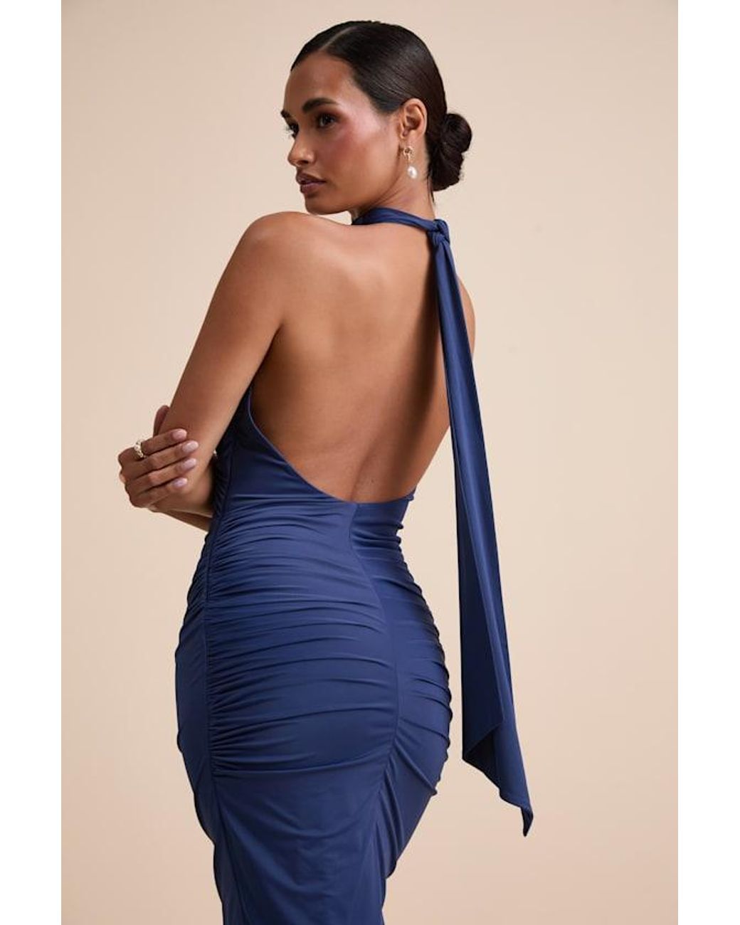 Lulus Blue Seraiah Knotted Ruched Halter Maxi Dress