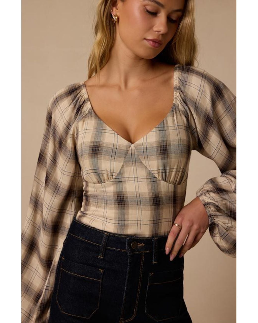 Lulus Brown Quentin Cream Plaid Puff Sleeve Top