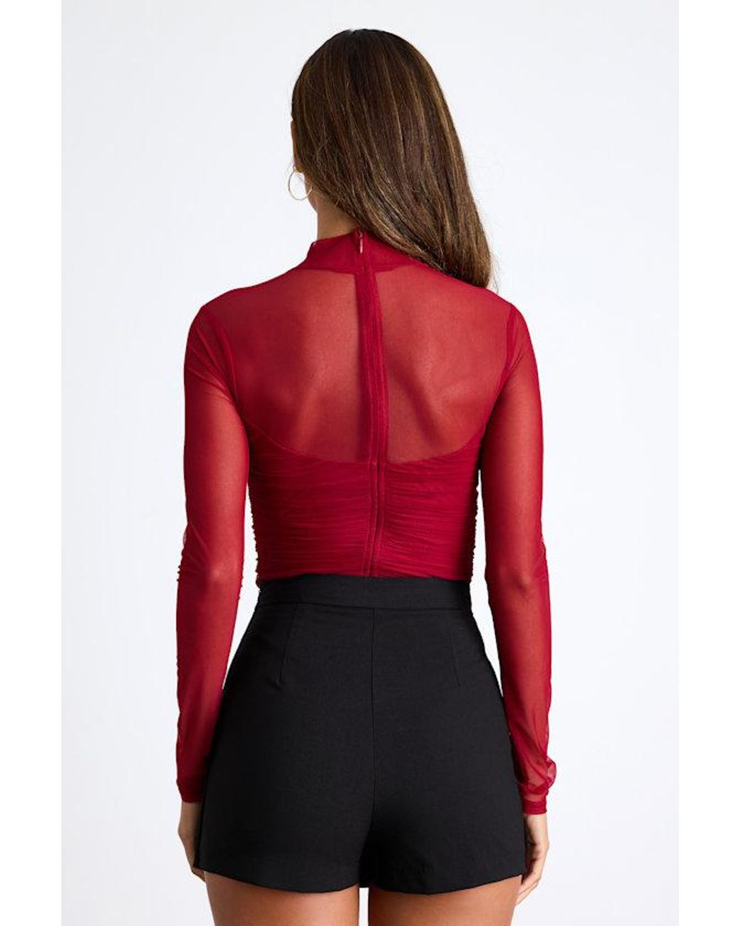 Lulus Red Clearly Alluring Mesh Long Sleeve Mock Neck Bodysuit