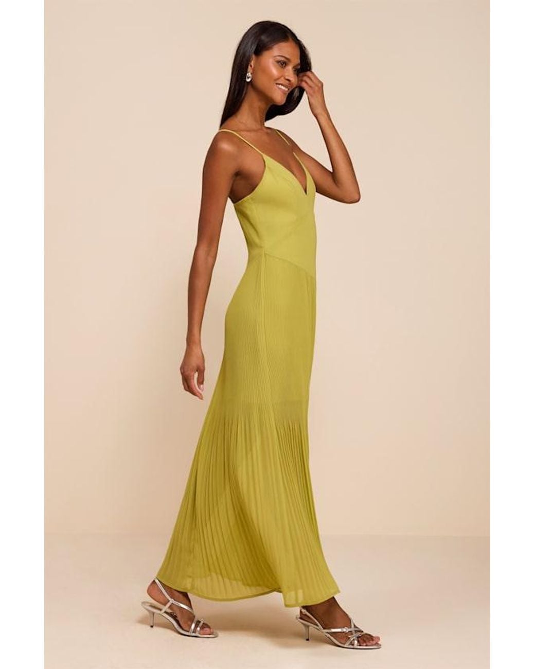 Lulus Yellow Mura Chartreuse Pleated Drop Waist Midi Dress