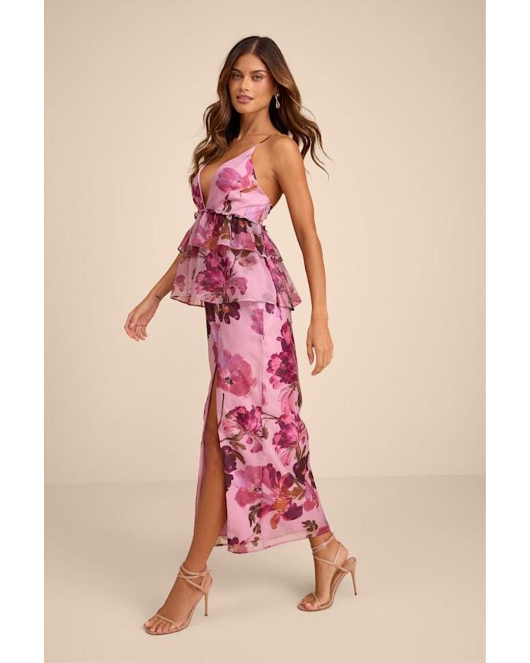 Lulus Pink Abella Floral Peplum Lace-Up Midi Dress