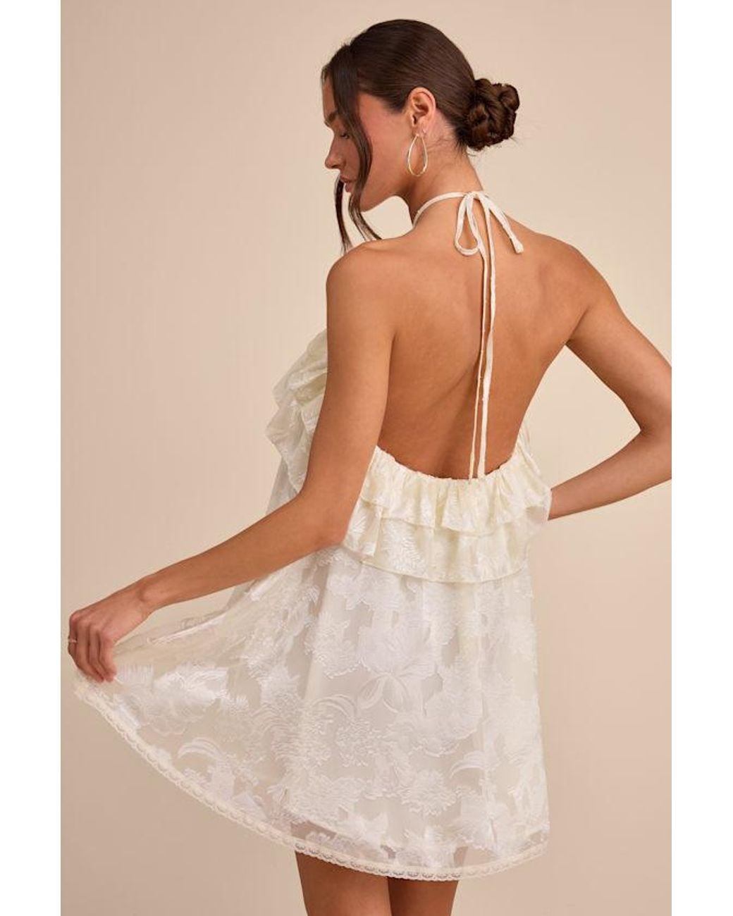 Lulus Natural Erika Floral Burnout Halter Mini Dress