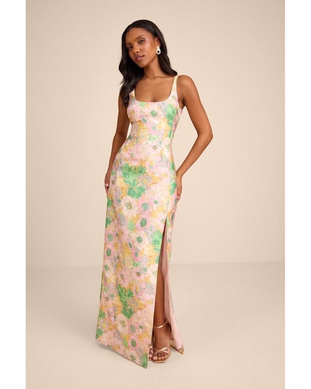 Lulus Natural Lamella Multi Floral Jacquard Maxi Dress