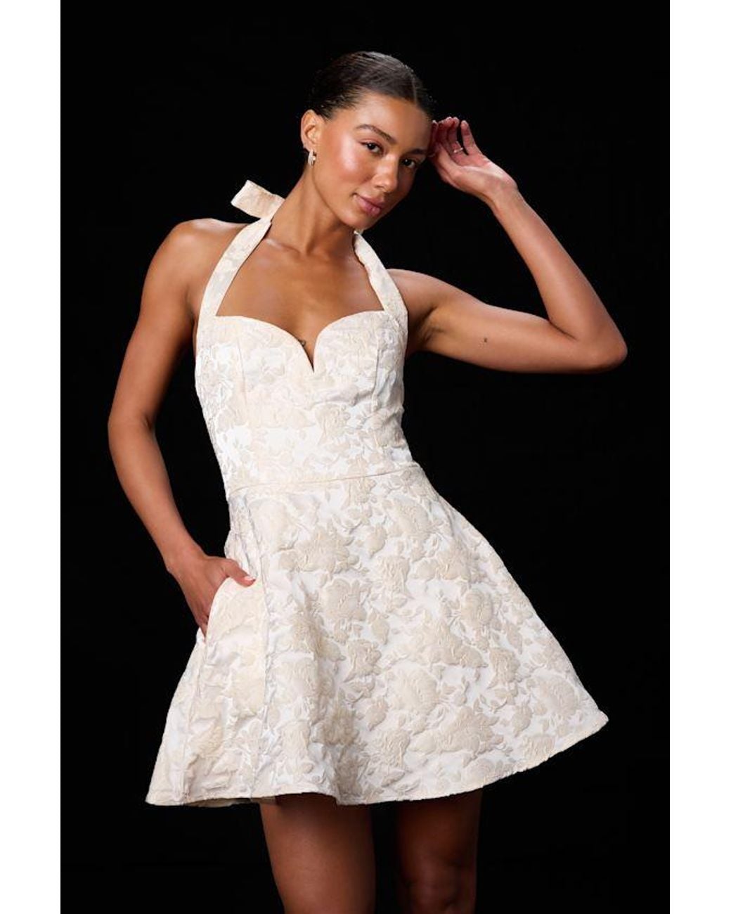 Lulus White Dina Floral Jacquard Halter Mini Dress