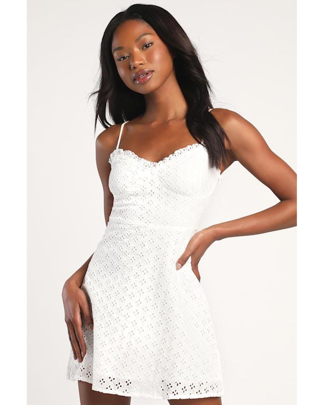 Lulus White Friendly Flirtation Sleeveless A-Line Eyelet Mini Dress