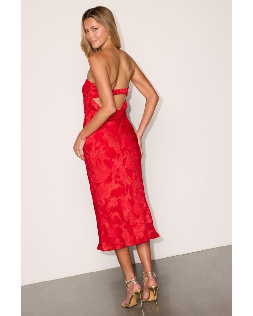 Lulus Red Letta Floral Jacquard Cowl Back Midi Dress