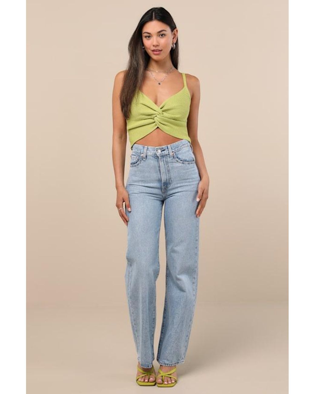 Lulus Green Melika Lime Ribbed Knotted Crop Tank Top