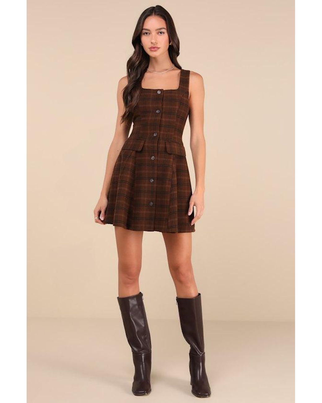 slim fit dress slacks Chloe Mini Dress in Clay Plaid Clay Plaid / M main image 1