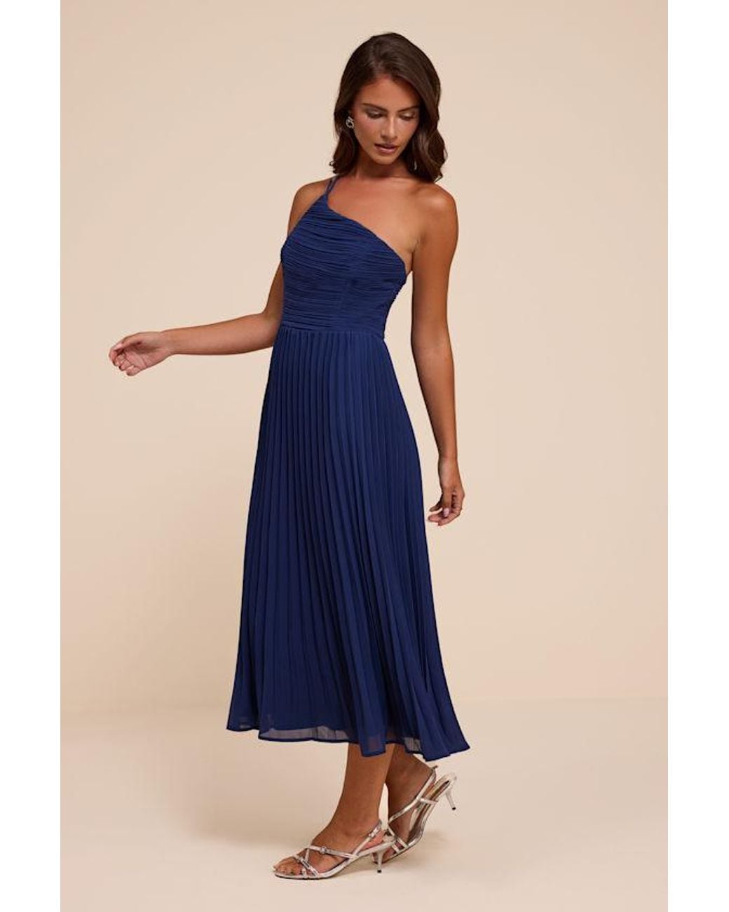Lulus Blue Wondrous Muse Pleated One-Shoulder Midi Dress