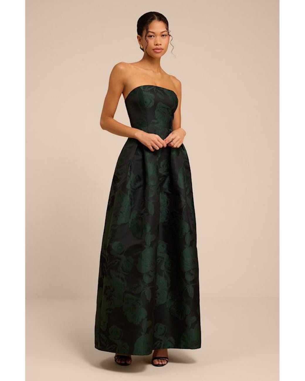 Lulus Green Laurelin Emerald Floral Jacquard Pleated Strapless Maxi Dress