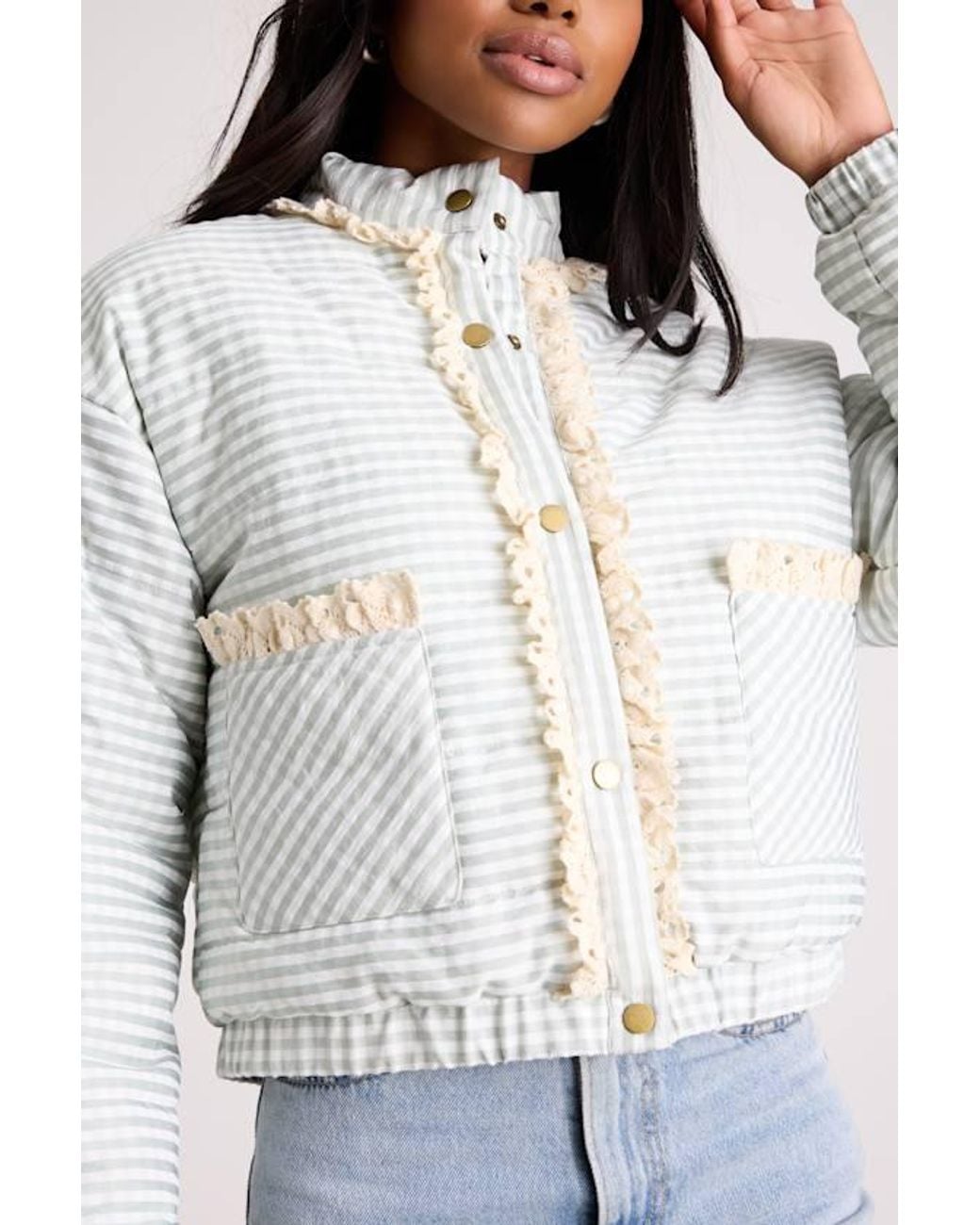 Lulus White Tamara Sage Gingham Ruffled Lace Puffer Jacket