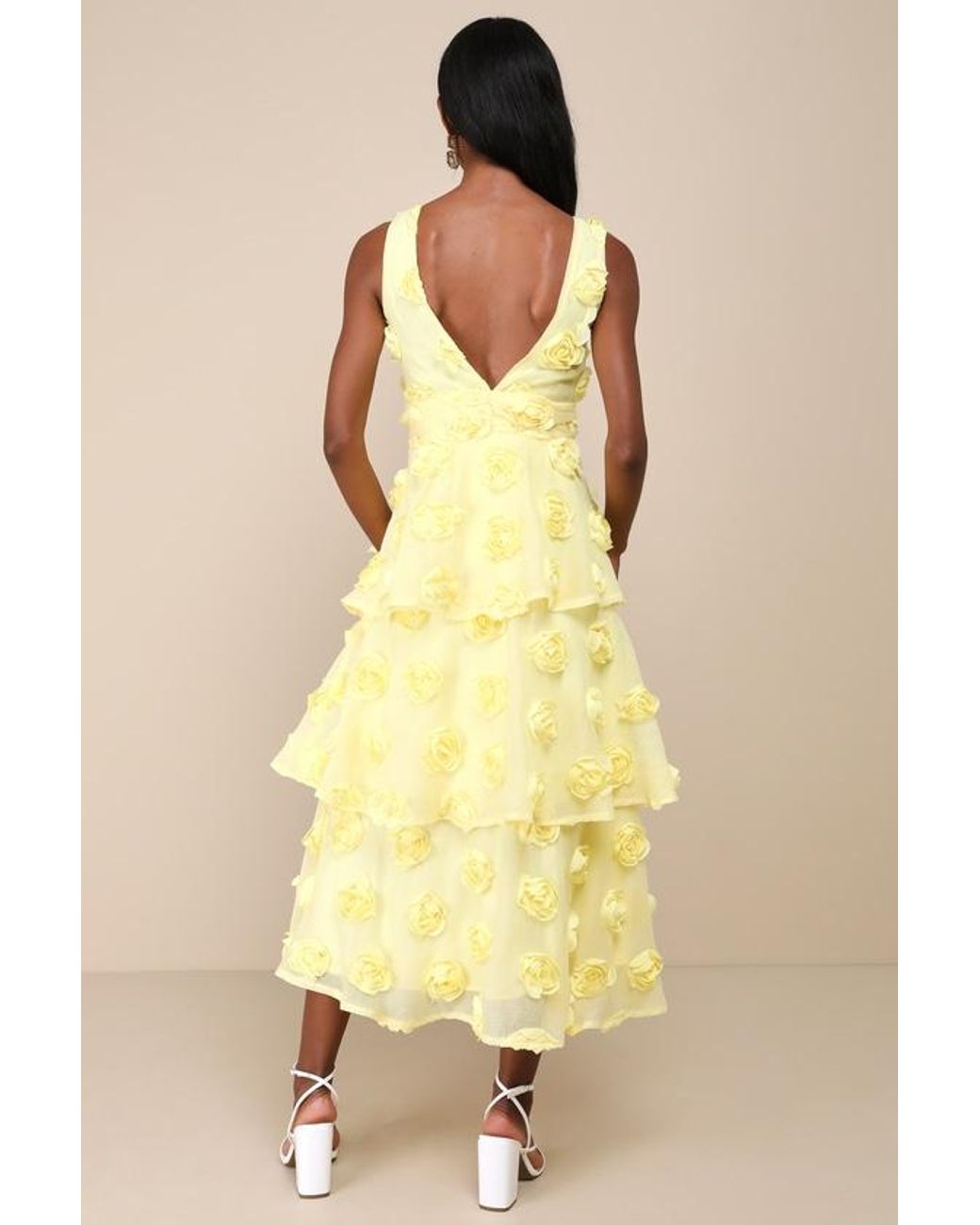 Lulus Yellow Exceptional Entrance Sleeveless Tiered Rosette Midi Dress