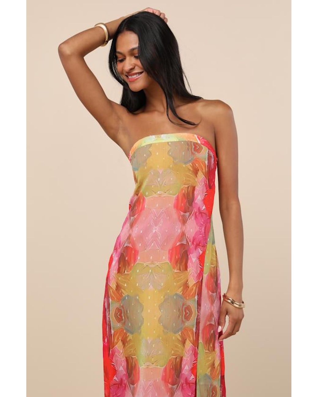 Lulus Red Bethany Multi Clip Dot Strapless Cutout Midi Dress