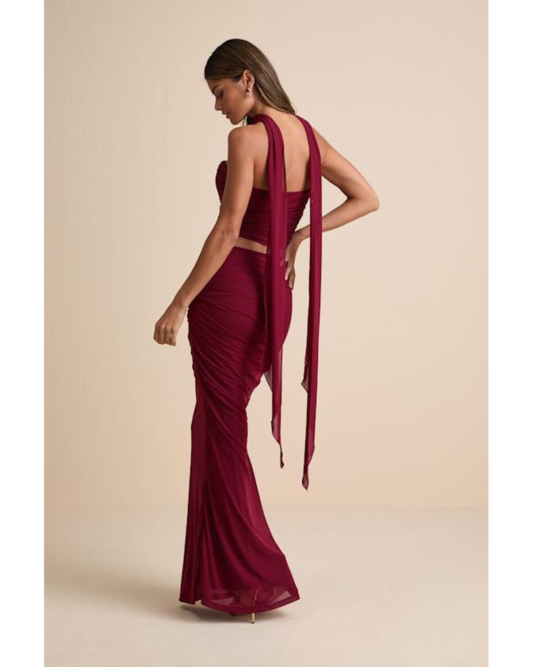 Lulus Red Elvena Mesh Ruched Strapless Two-Piece Maxi Dress