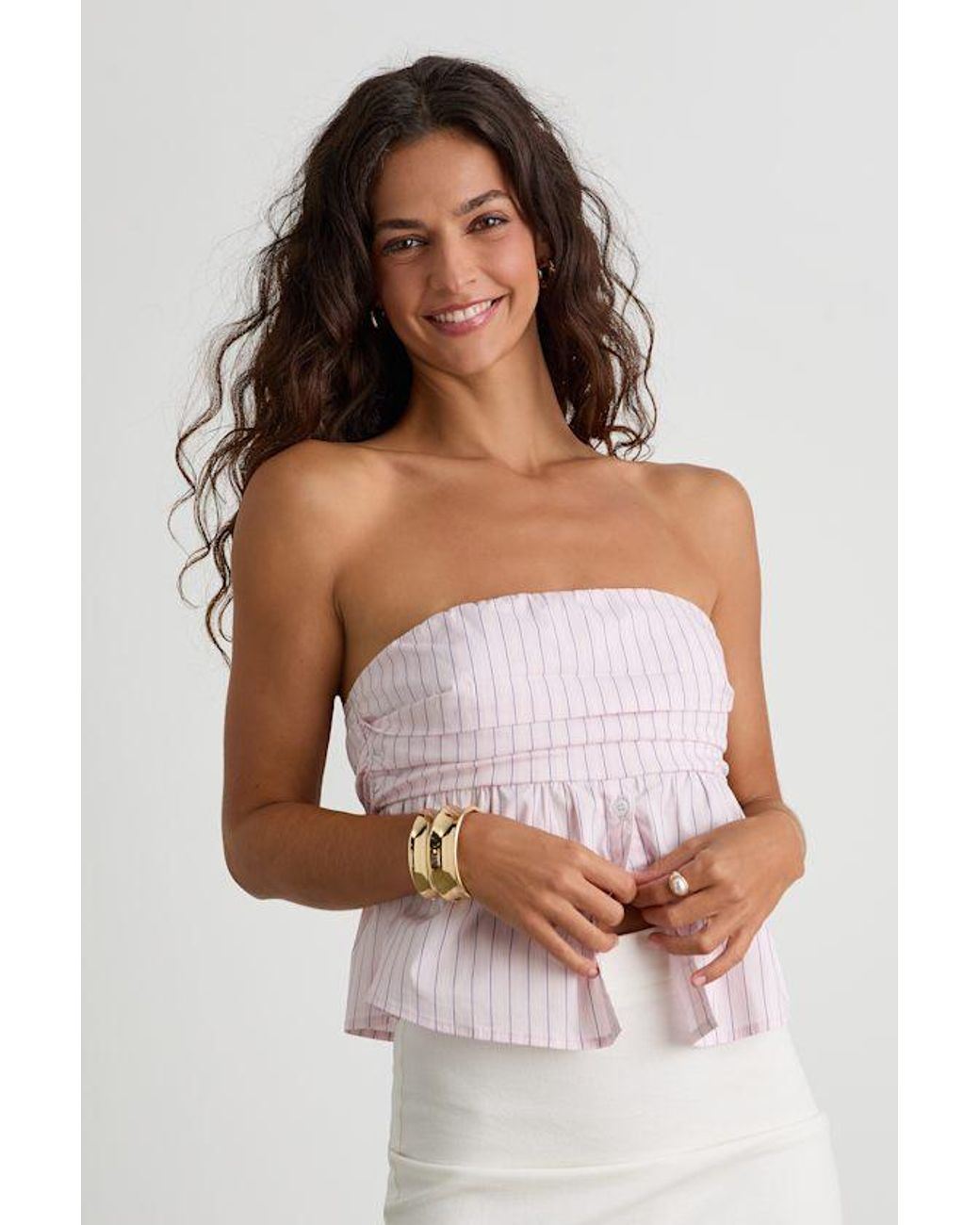 Lulus White Natalie Pinstripe Strapless Peplum Top