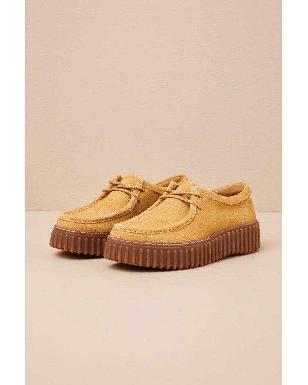 Clarks Brown Torhill Bee Golden Suede Leather Flatform Lace-Up Loafers