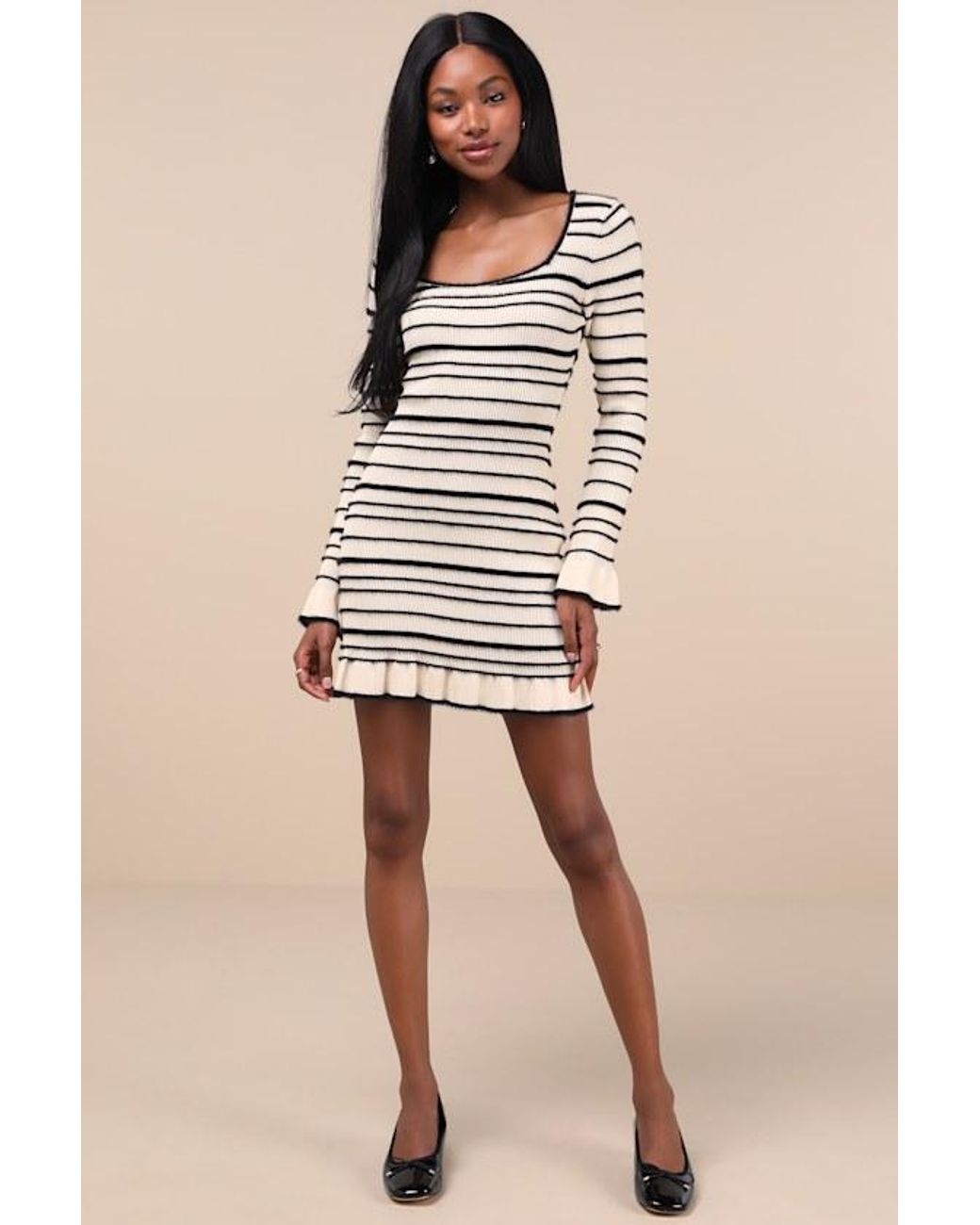 Lulus Gray Cozy Outlook Fuzzy Striped Long Sleeve Sweater Mini Dress