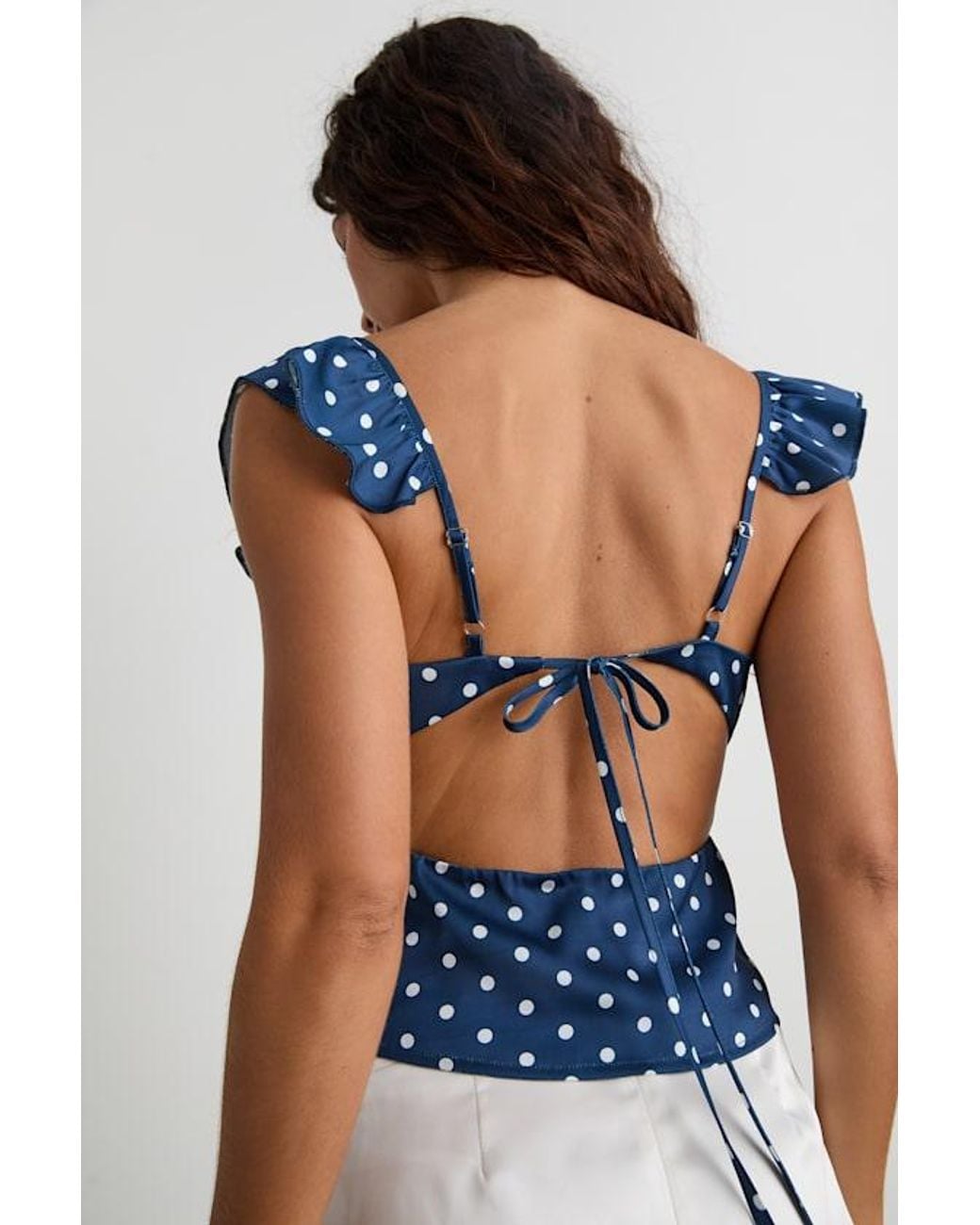 Lulus Blue Vivi Polka Dot Satin Ruffled Tie-Back Top