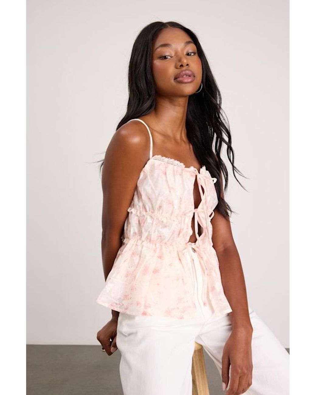 Lulus Pink Mariasole Floral Lace Tie-Front Cami Top