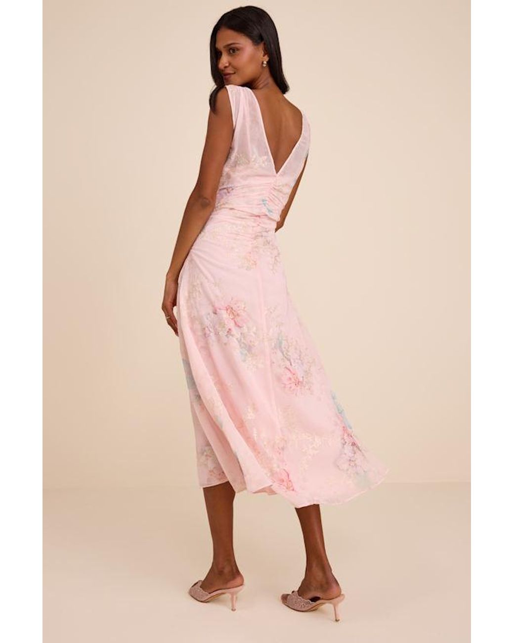 Lulus Natural Jilly Blush Floral Embroidered Ruched Midi Dress