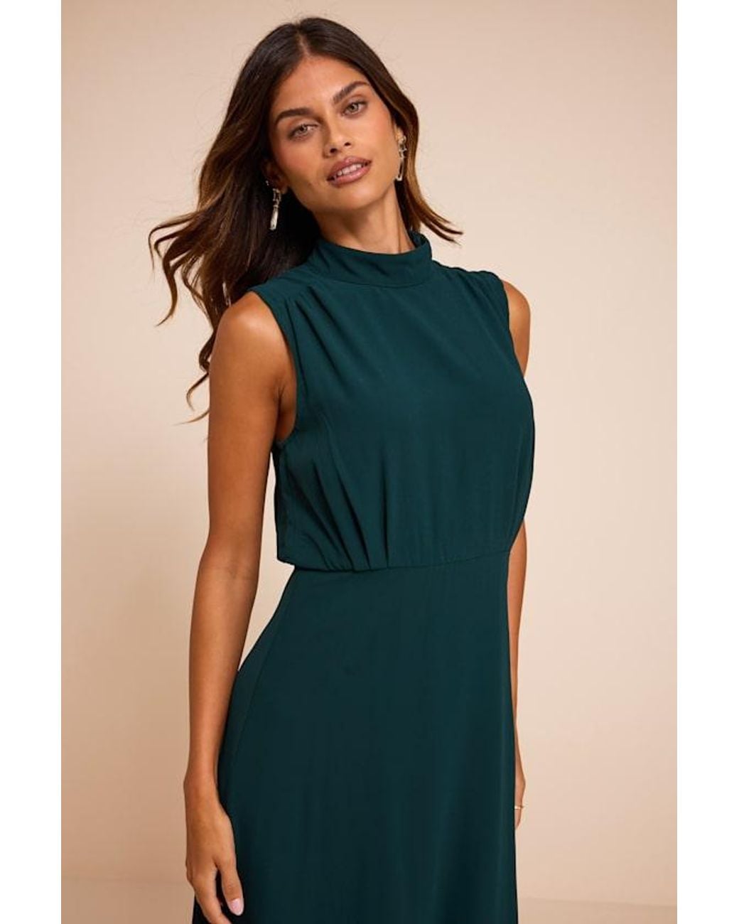 Lulus Blue Classic Elegance Emerald Chiffon Sleeveless Mock Neck Maxi Dress
