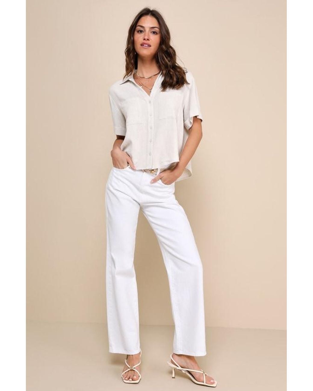 Lulus Natural Summer Escapades Linen Collared Button-Up Top
