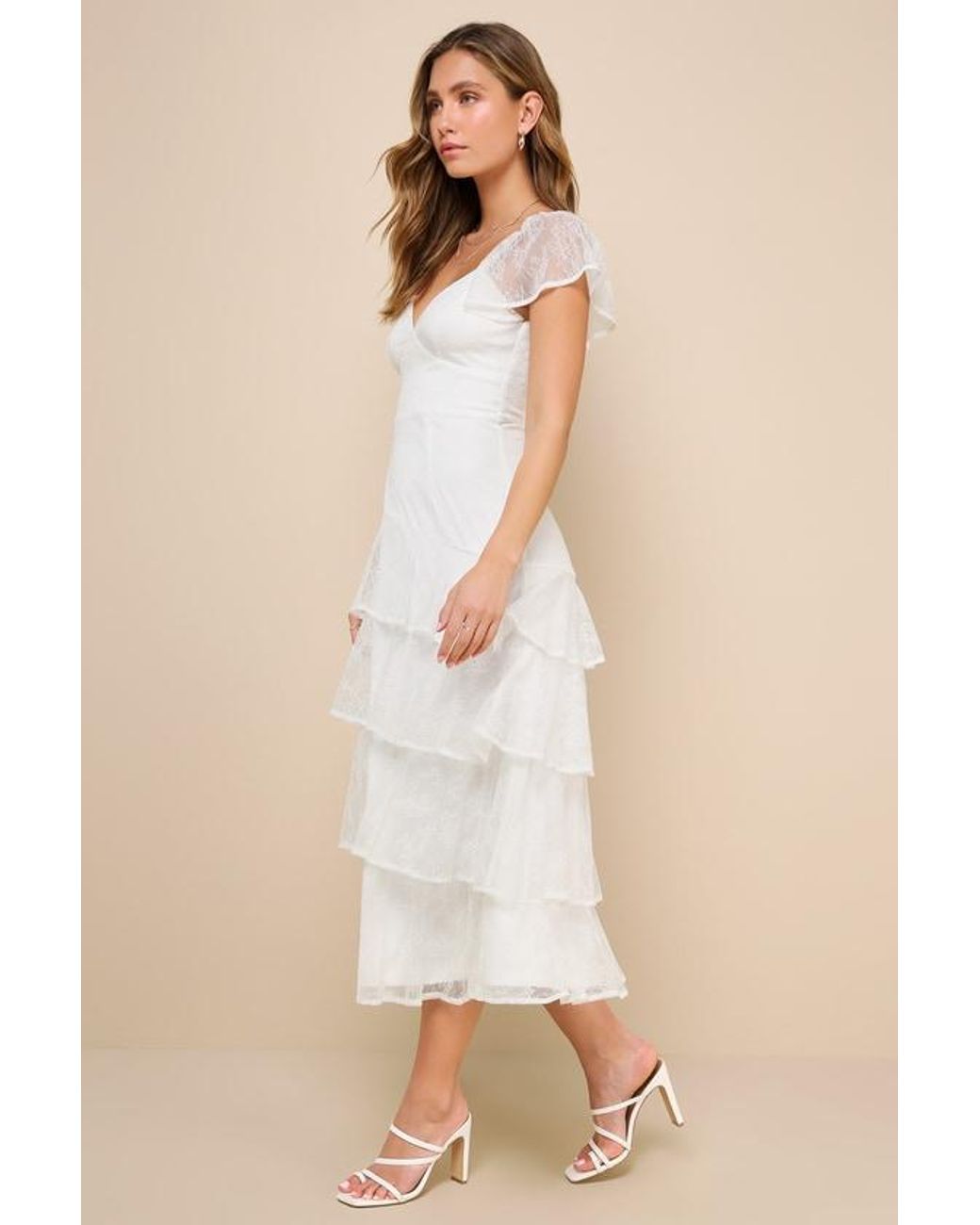 Lulus Natural Graceful Darling Lace Flutter Sleeve Tiered Midi Dress