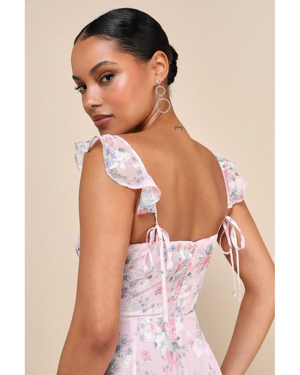 chinese dress ladies Arlowe Tied Shoulder Tiered Midi Dress Floral Pink