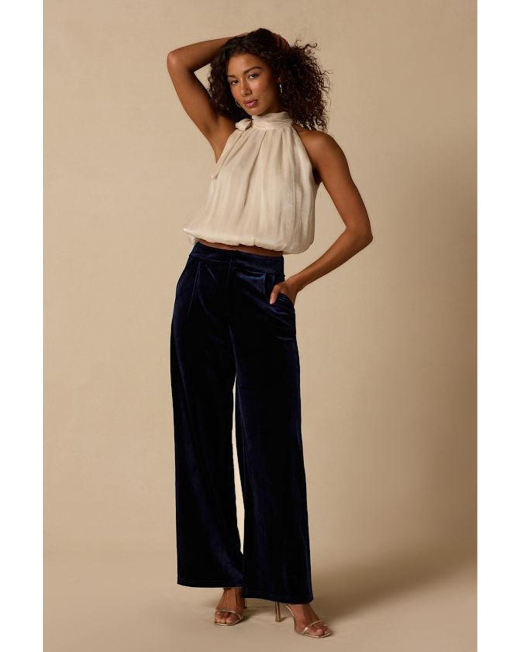 Lulus Natural Haira Velvet Wide-Leg Mid-Rise Trouser Pants