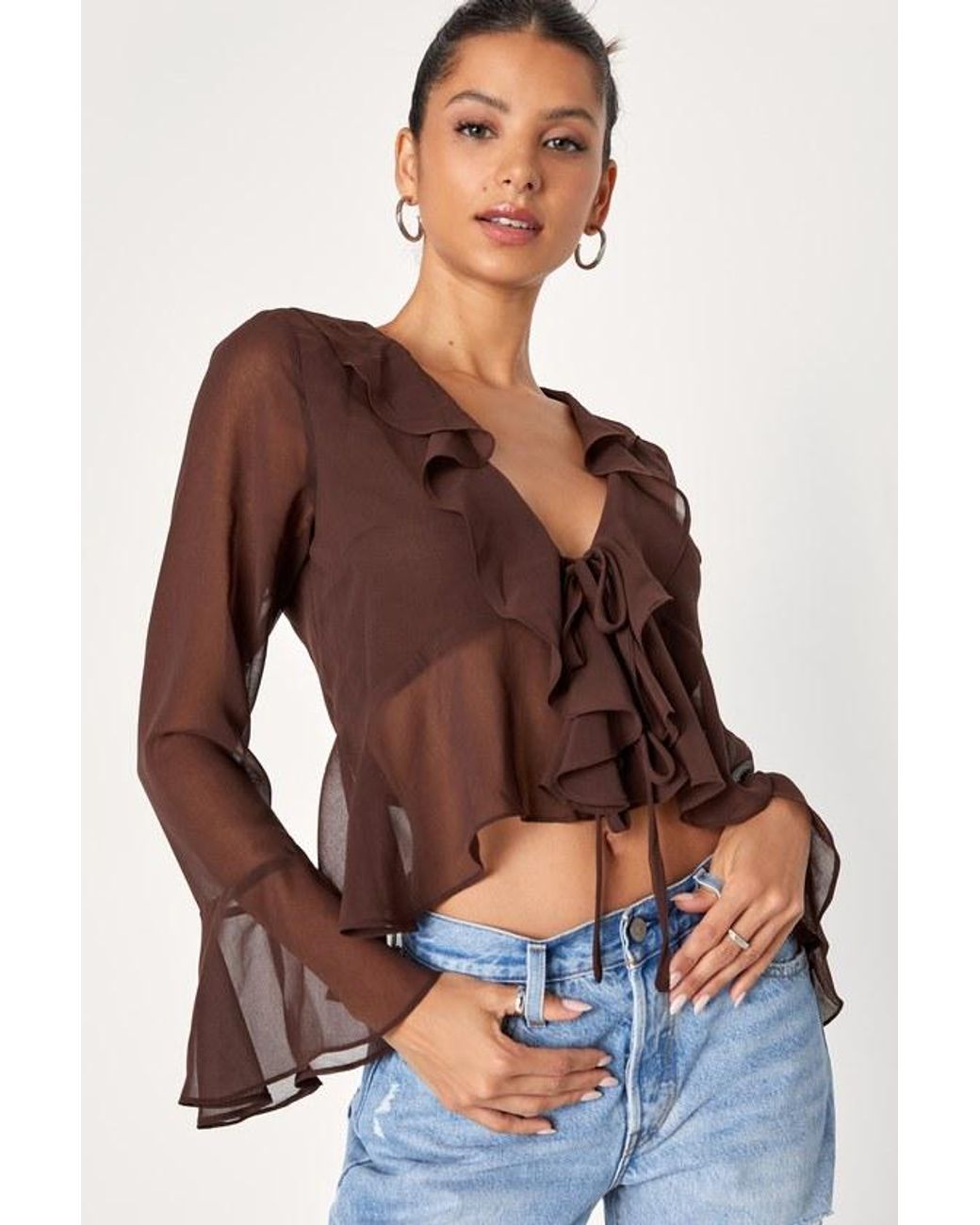 Lulus Blue Thriving Flirt Chiffon Ruffled Long Sleeve Tie-Front Top