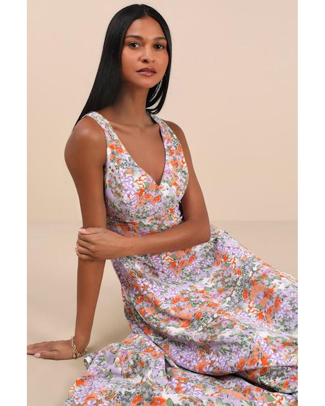 Lulus Natural Your Only Darling Floral Print Sleeveless Midi Dress