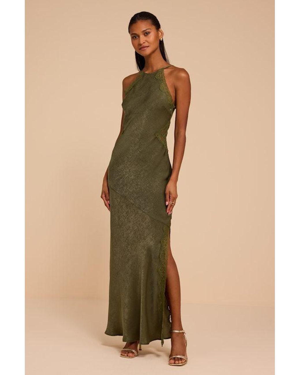 Lulus Natural Raye Satin Lace Maxi Dress