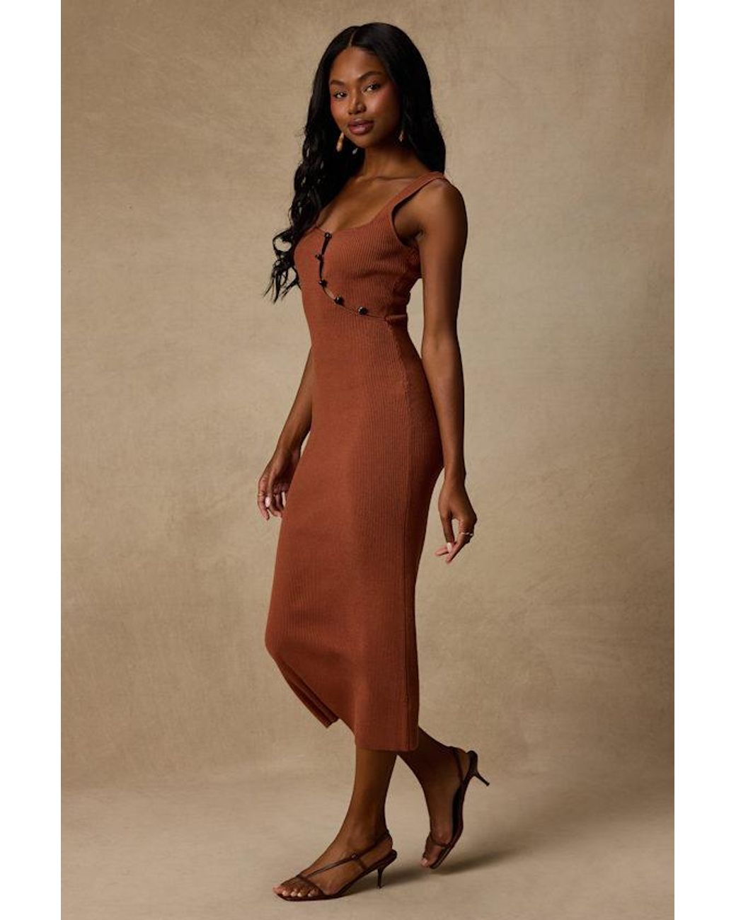 Lulus Brown Clairo Ribbed Knit Cutout Midi Dress