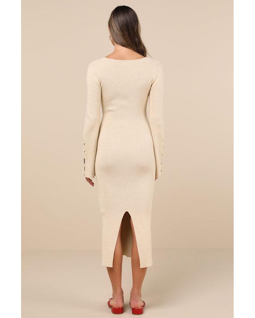 Lulus Natural Classy Attitude Ribbed Square Neck Midi Sweater Dress