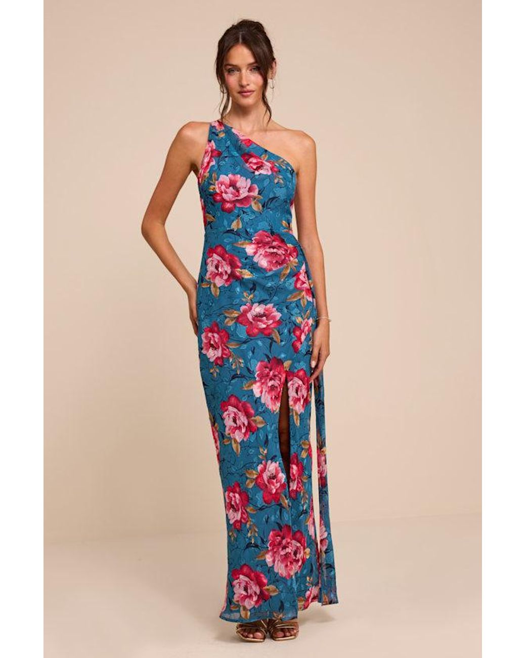 Lulus Blue Miki Floral Print One-Shoulder Sash Maxi Dress