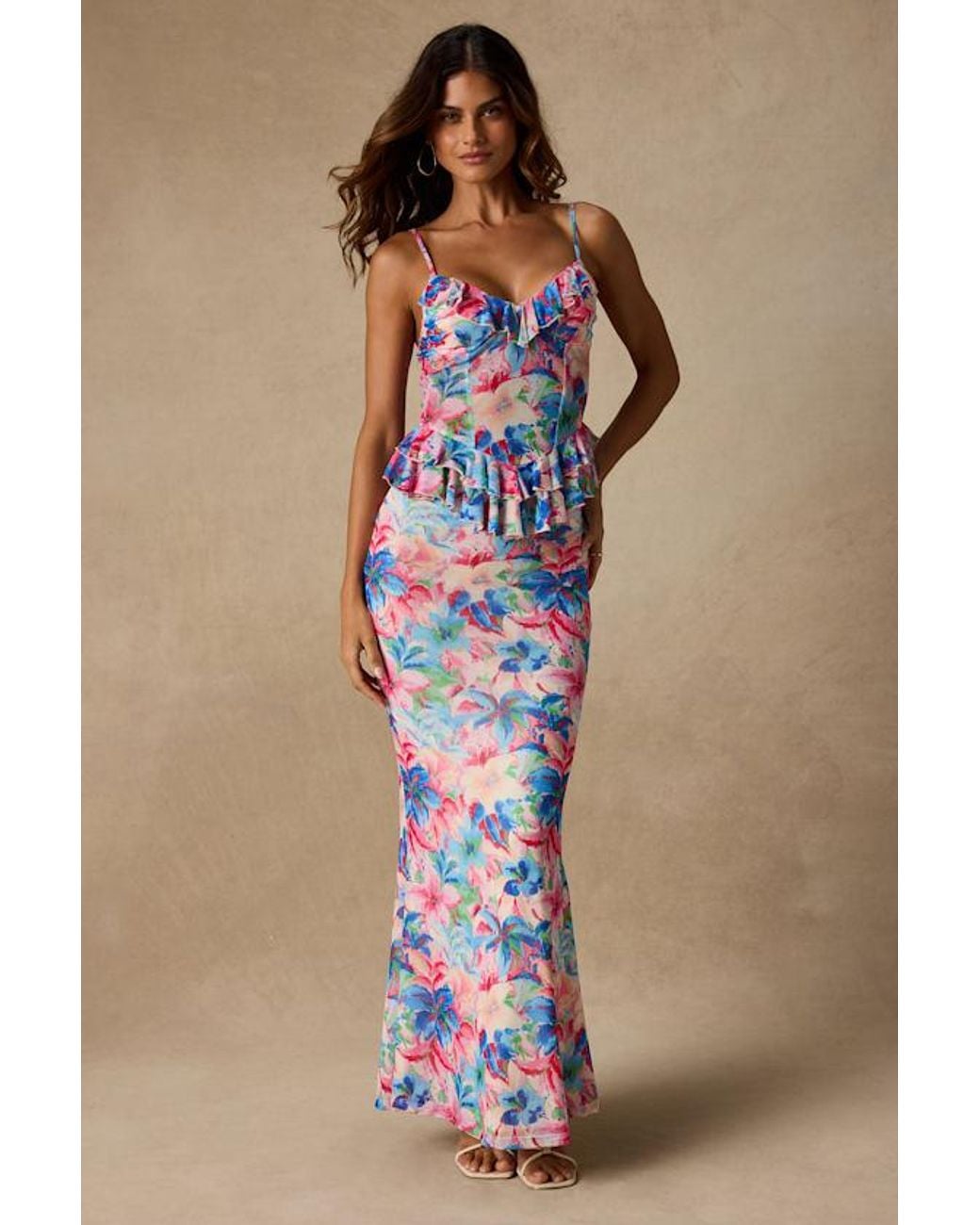 Lulus Blue Romina Multi Floral Mesh Maxi Skirt