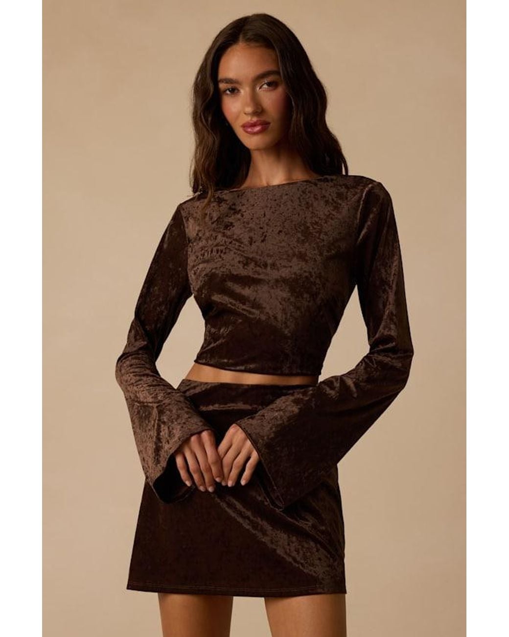 Lulus Brown Talaria Velvet Cutout Long Sleeve Crop Top
