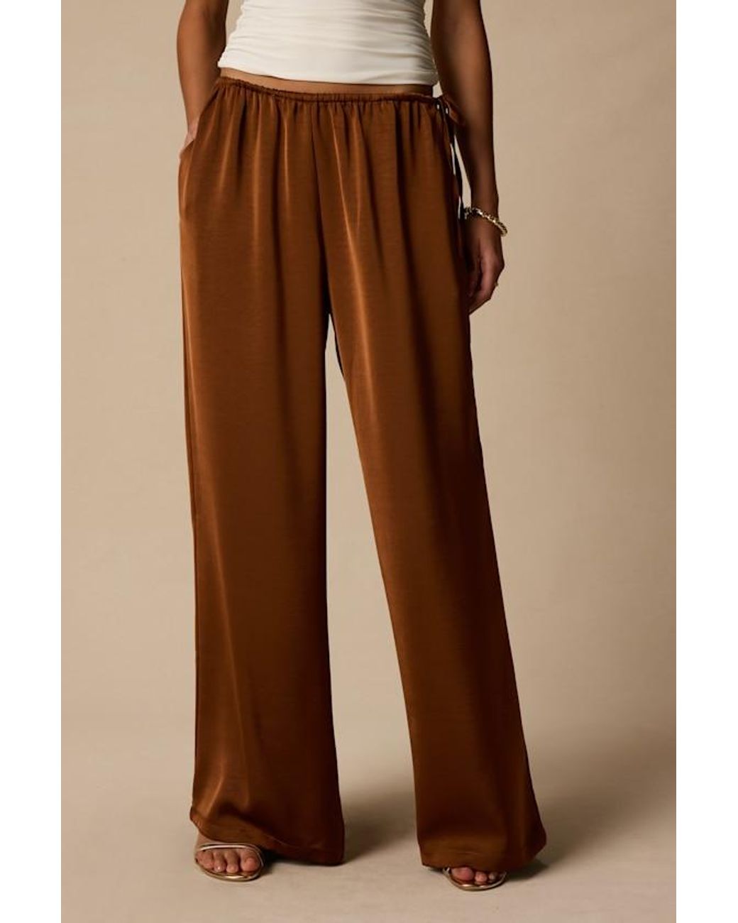 Lulus Natural Amala Satin Mid-Rise Wide-Leg Pants
