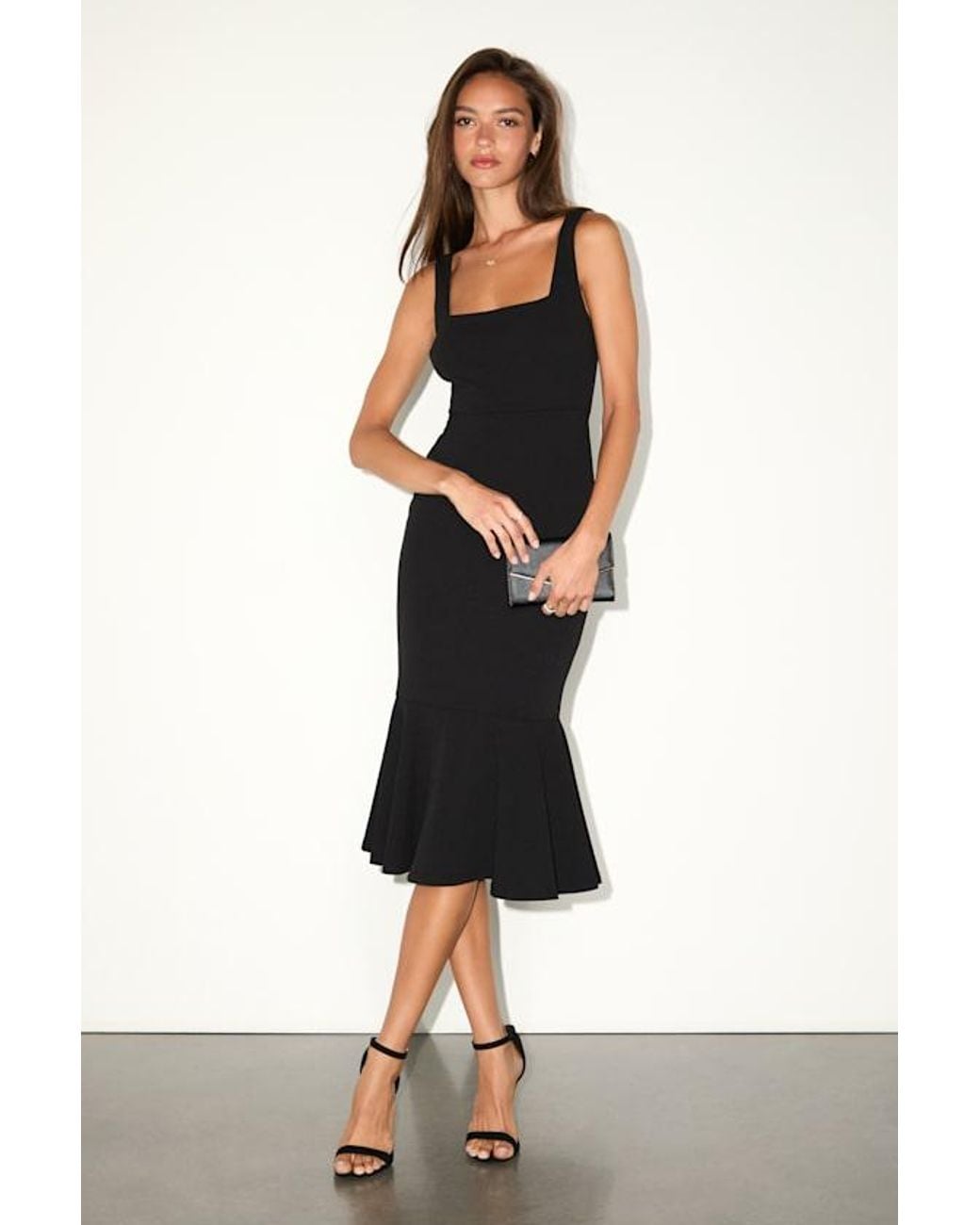 Lulus Black Moment Maker Square Neck Trumpet Midi Dress
