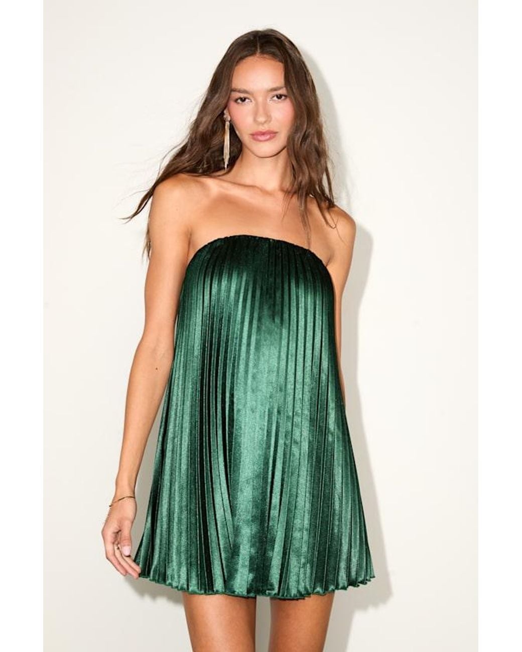 Lulus Bellina Satin Pleated Strapless Mini Dress in Green | Lyst