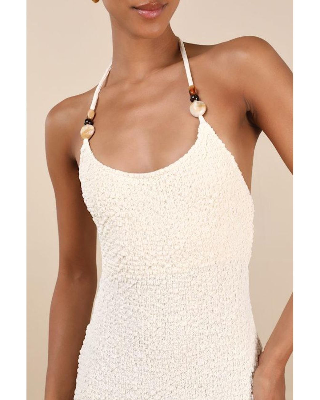 Lulus Natural Meike Cream Textured Knit Beaded Halter Midi Dress
