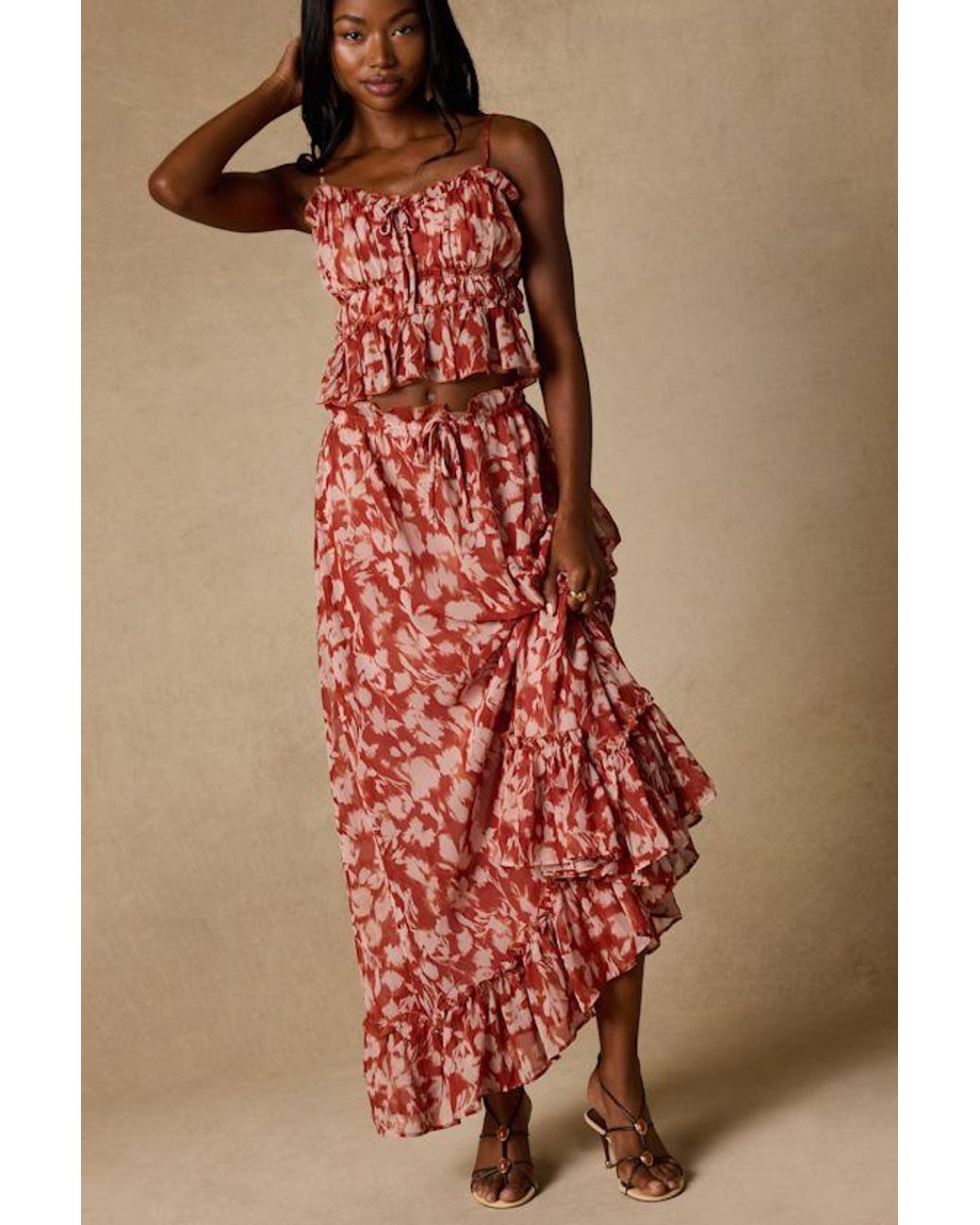 Lulus Red Aleni Rust Floral Print Maxi Skirt