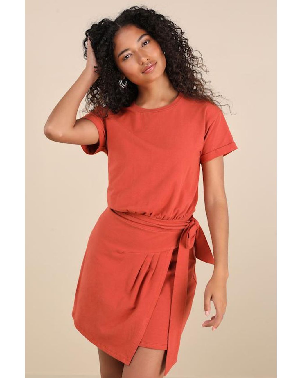 Lulus Ioana Short Sleeve Pleated Faux-Wrap Mini Dress in Red | Lyst