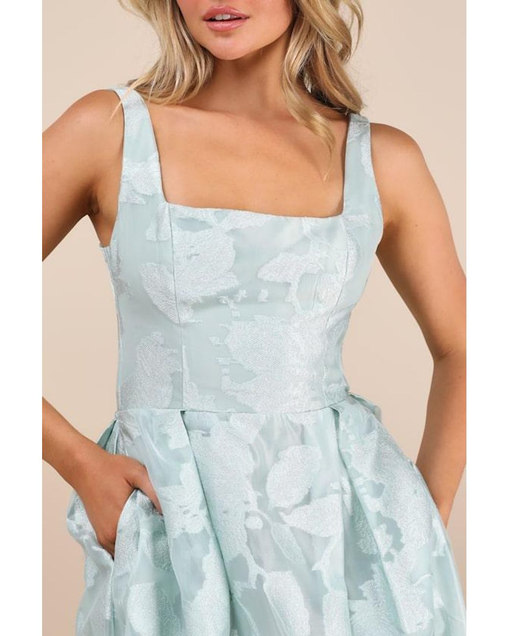Lulus Blue Perfected Aura Sage Jacquard Tie-Back Maxi Dress With Pockets