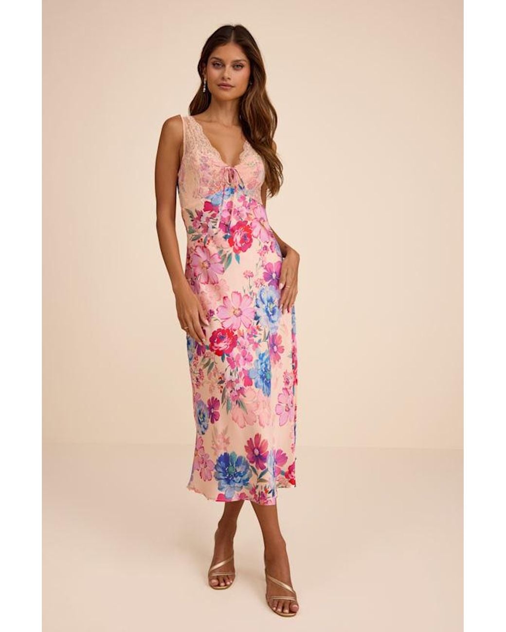 Lulus Pink Jaylene Blush Multi Floral Lace Tie-Front Midi Dress