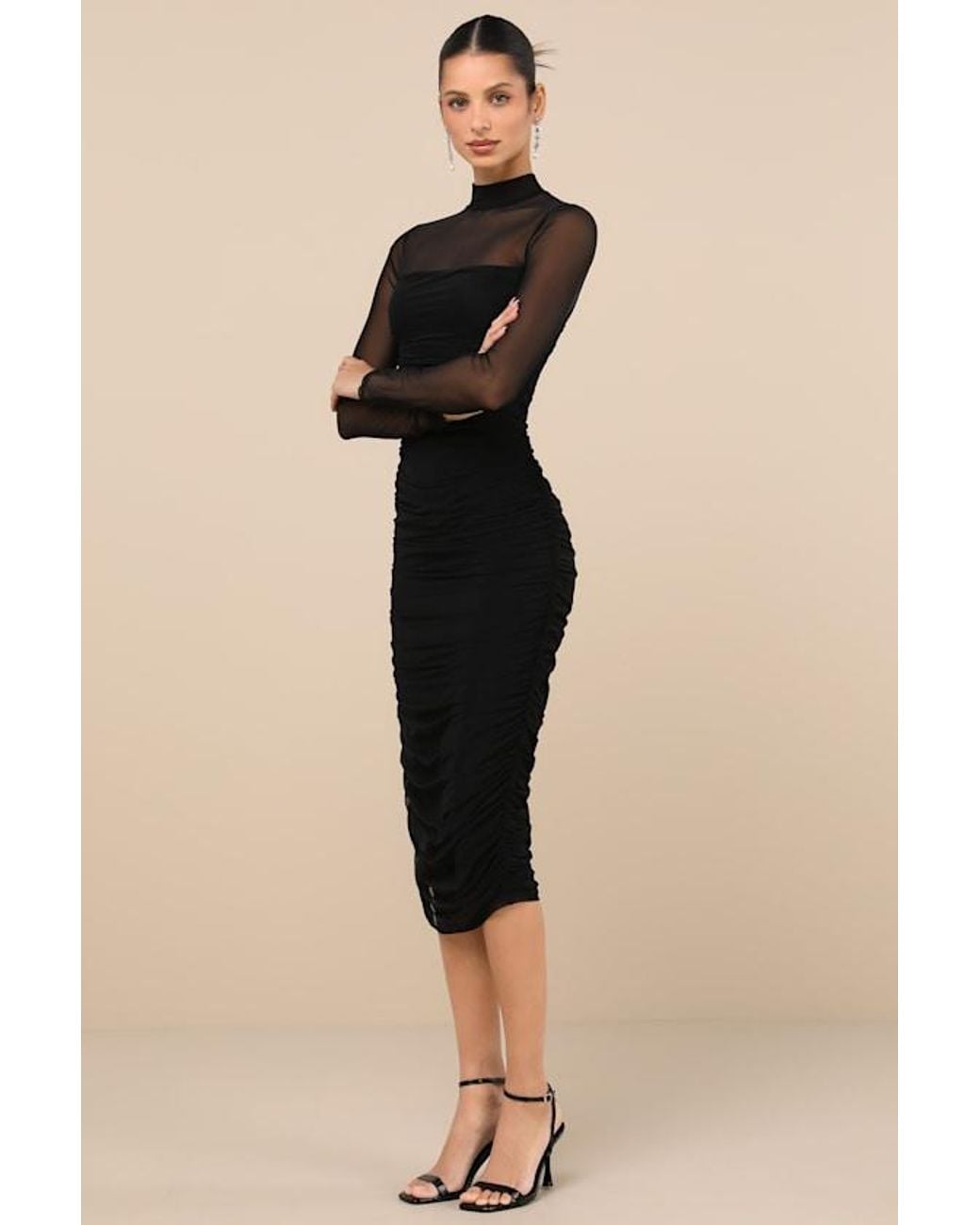 Lulus Black Impressive Flirt Mesh Ruched Mock Neck Midi Dress