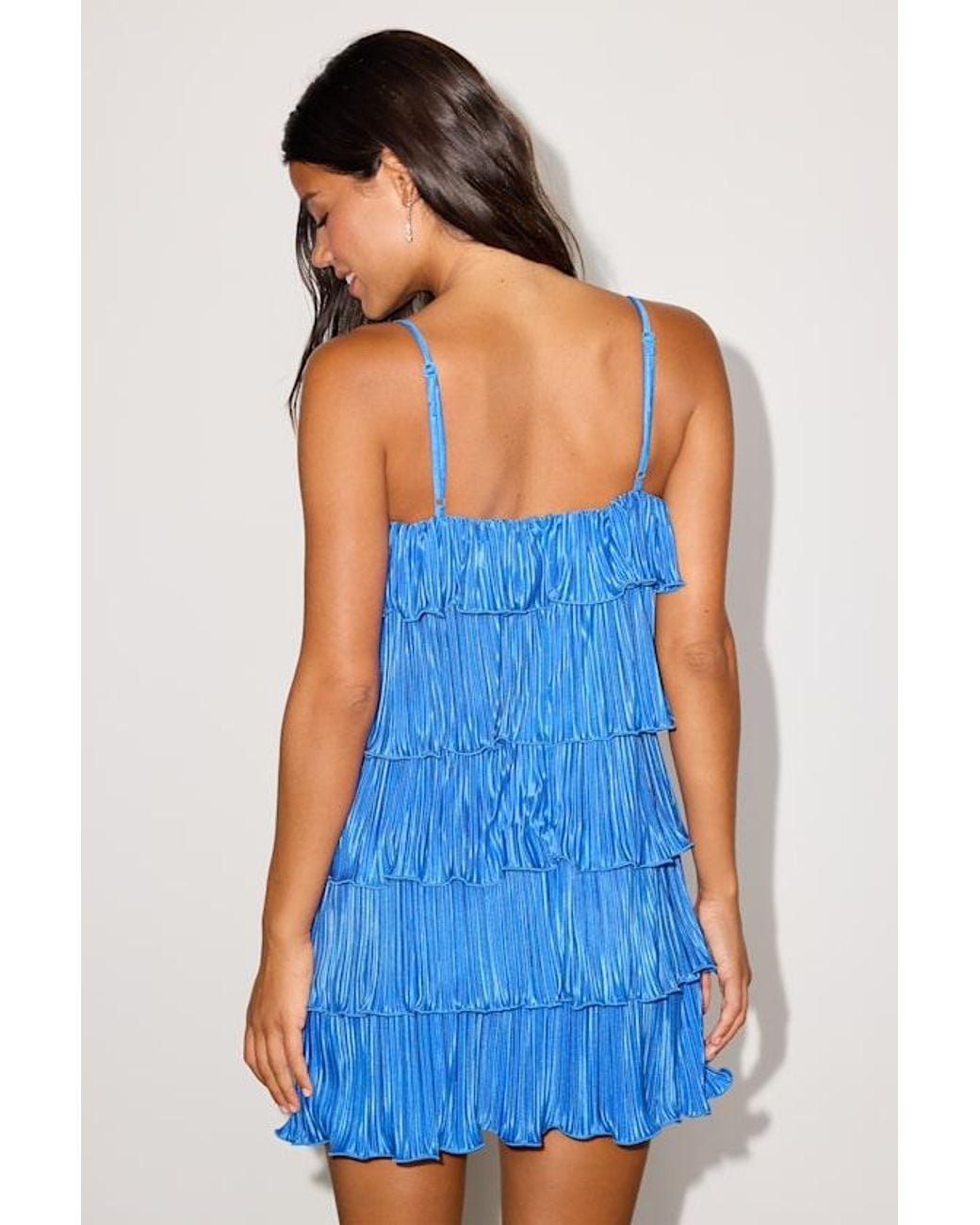 Lulus Blue Flores Bright Plisse Tiered Mini Dress