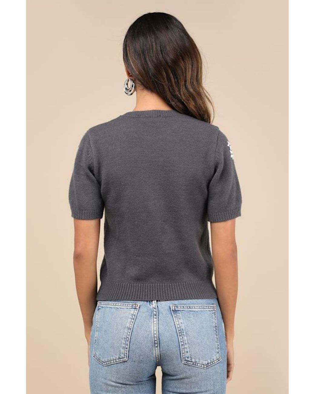 Lulus Gray Sweet Fave Embroidered Short Sleeve Sweater Top