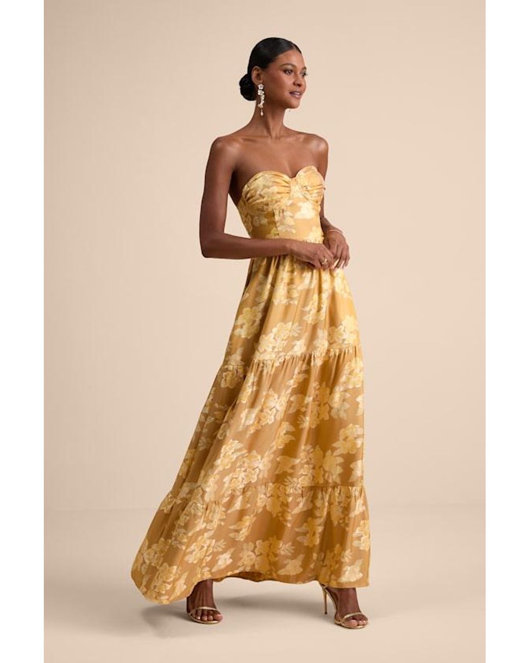 Lulus Petrina Floral Jacquard Strapless Maxi Dress in Natural | Lyst
